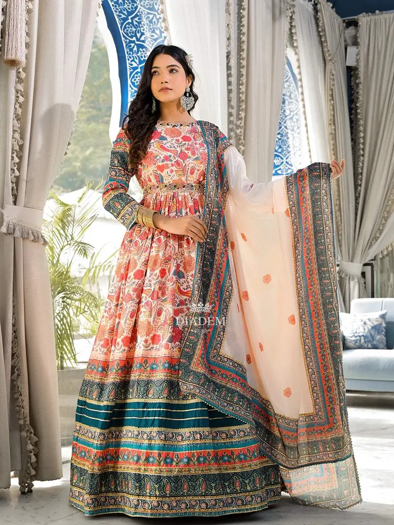 Ivory Crepe Anarkali Salwar Suit For Women With Floral Prints Paired With Dupatta And Waist Belt 1