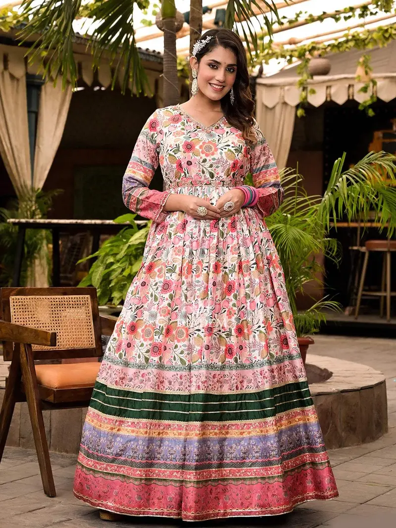 Ivory Crepe Anarkali Salwar Suit With Floral Prints Paired With Dupatta And Waist Belt 1