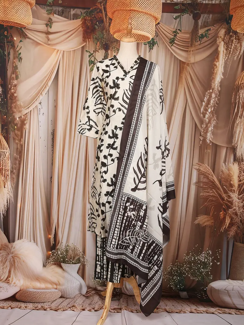 Ivory Ebony Foliage Design Printed Cotton Salwar Suit 1