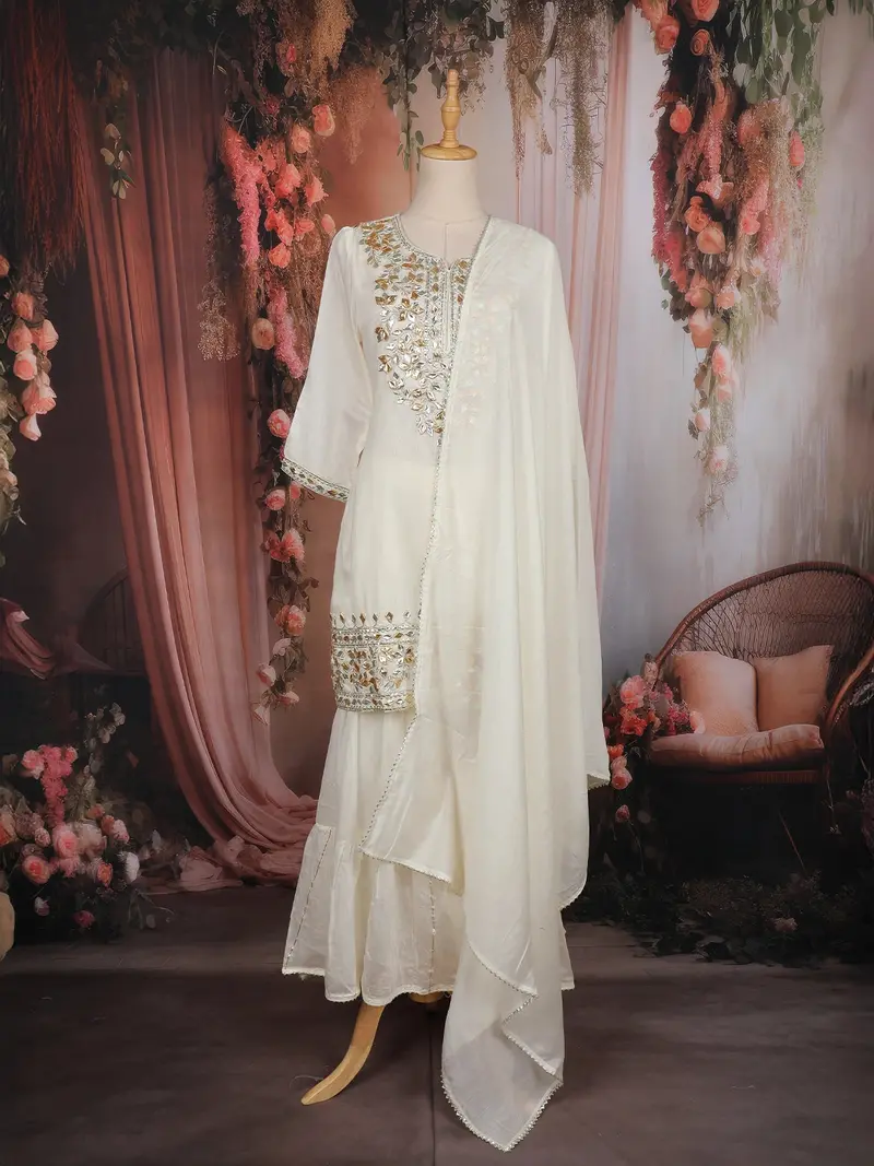 Ivory Embroidered Cotton Sharara Salwar Suit 1