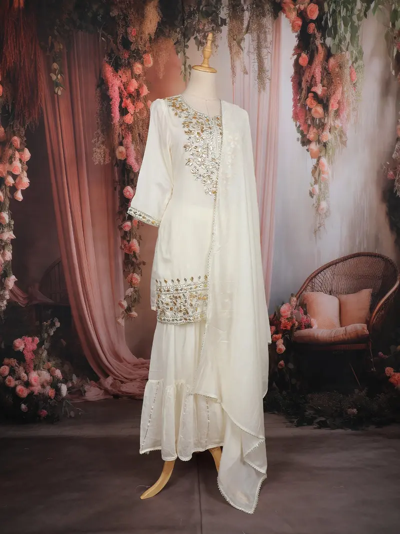 Ivory Embroidered Cotton Sharara Salwar Suit 4