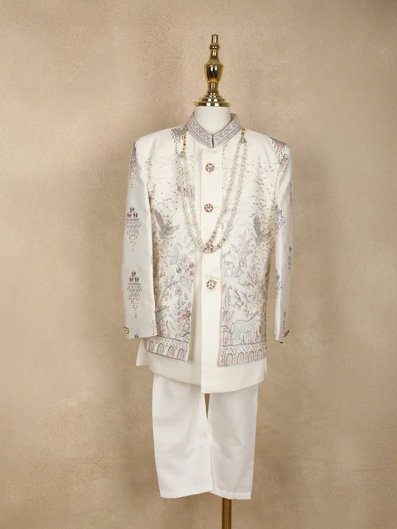 Ivory Floral And Birds Embroidered Kids Semi Silk Sherwani Set 1