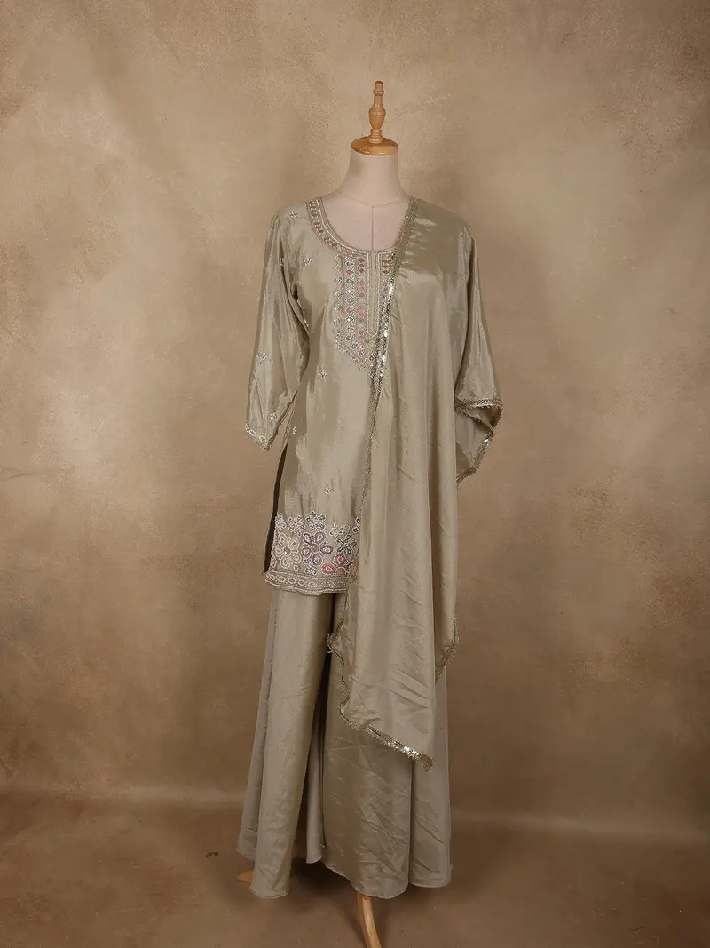Ivory Floral Beads Embroidered Design Organza Palazzo Suit With Dupatta 1