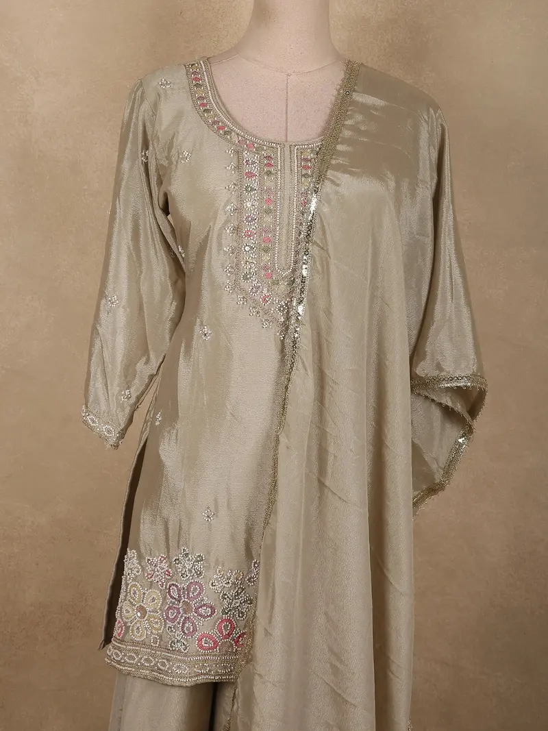 Ivory Floral Beads Embroidered Design Organza Palazzo Suit With Dupatta 2