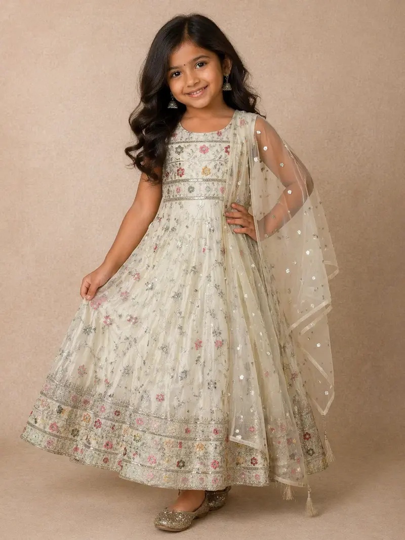Ivory Floral Design Kids Georgette Gown 1