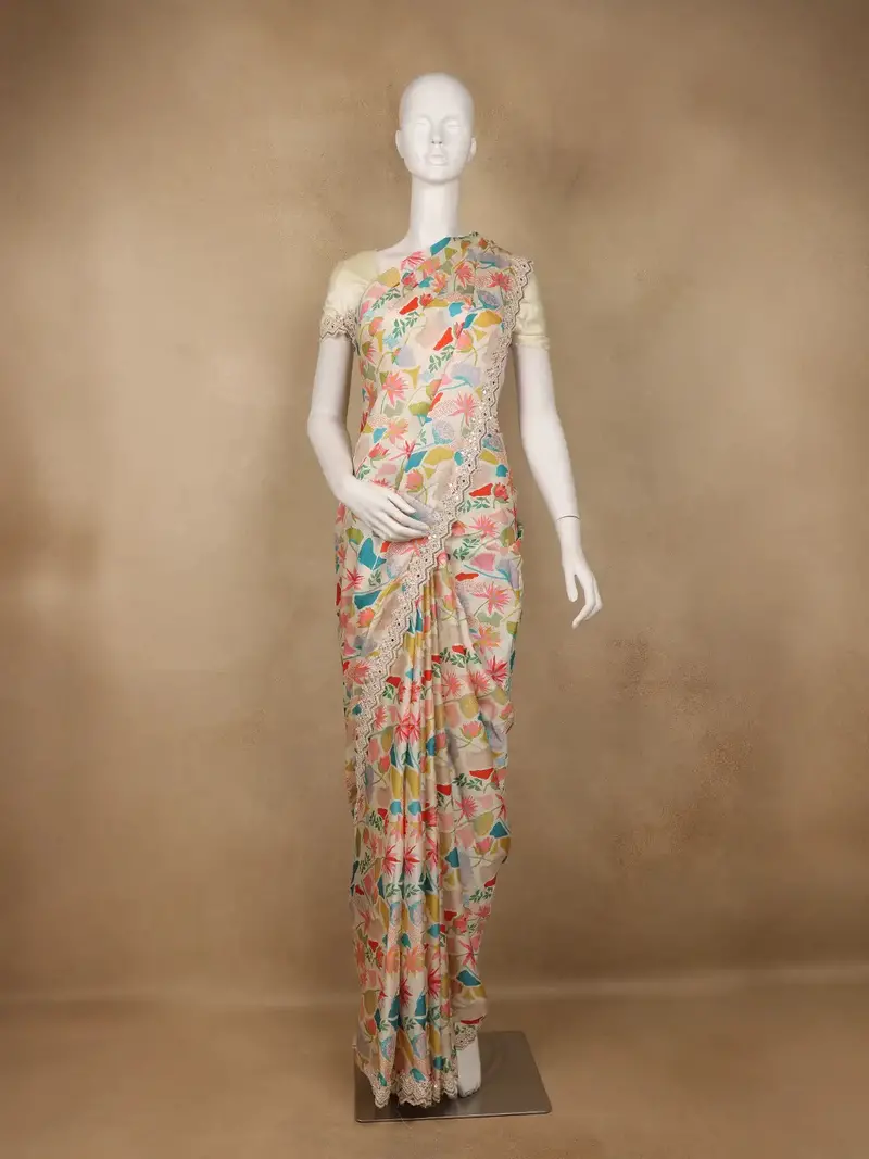 Ivory Floral Design Satin Saree 1