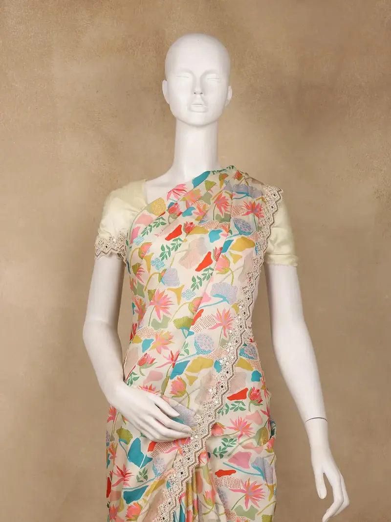 Ivory Floral Design Satin Saree 2