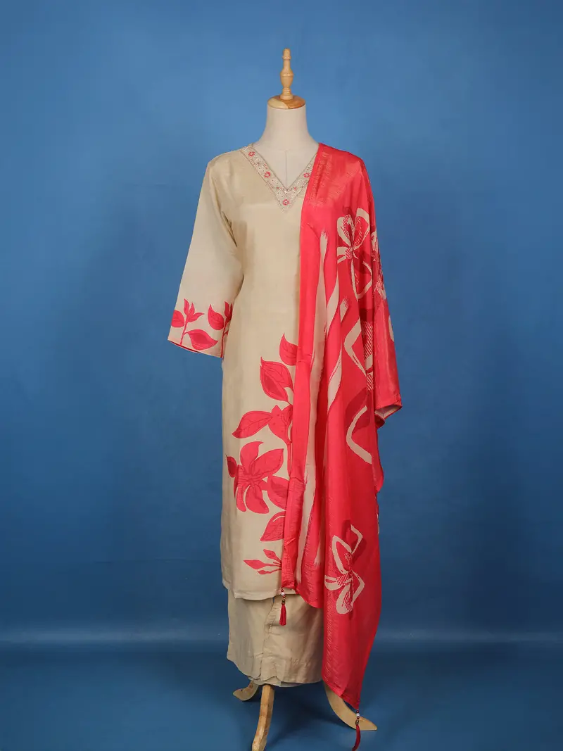 Ivory  Floral Design Tussar Silk Salwar Suit 1