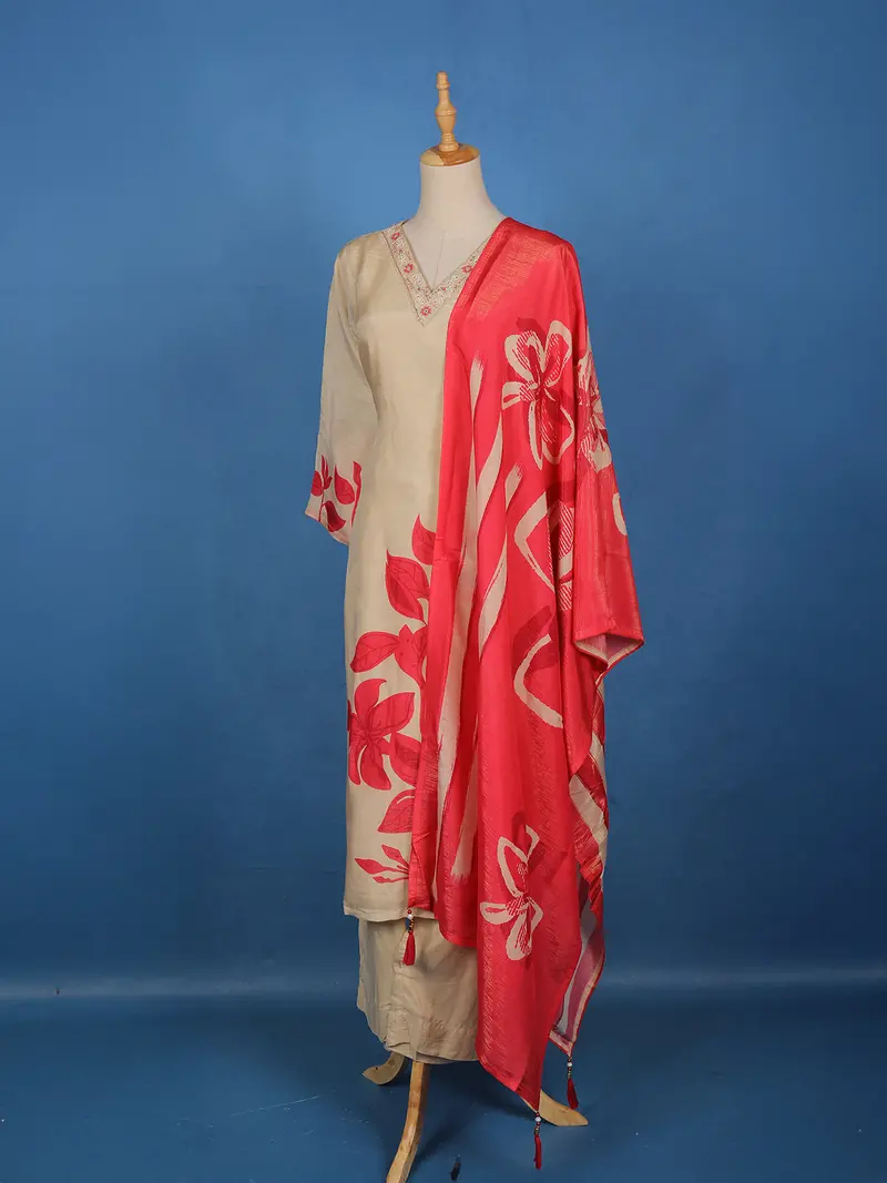 Ivory Floral Design Tussar Silk Salwar Suit 3