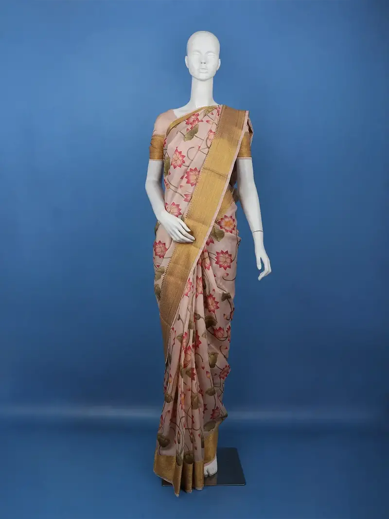Ivory Floral Design Tussar Silk Saree 1