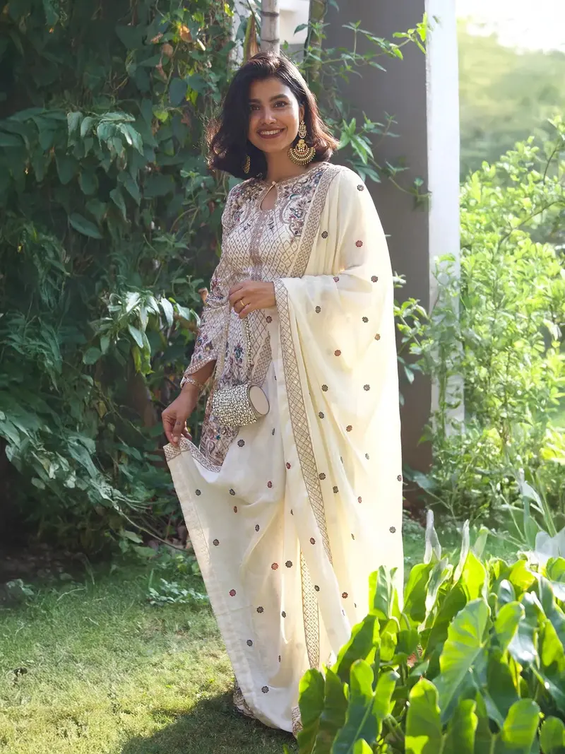 Ivory Floral Designed Banarasi Sharara Salwar Suit 1