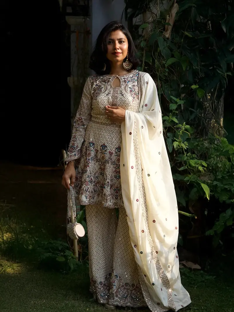 Ivory Floral Designed Banarasi Sharara Salwar Suit 2