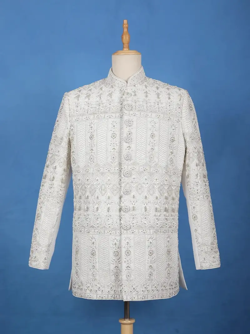 Ivory Floral Designed Cotton Sherwani Suit 1