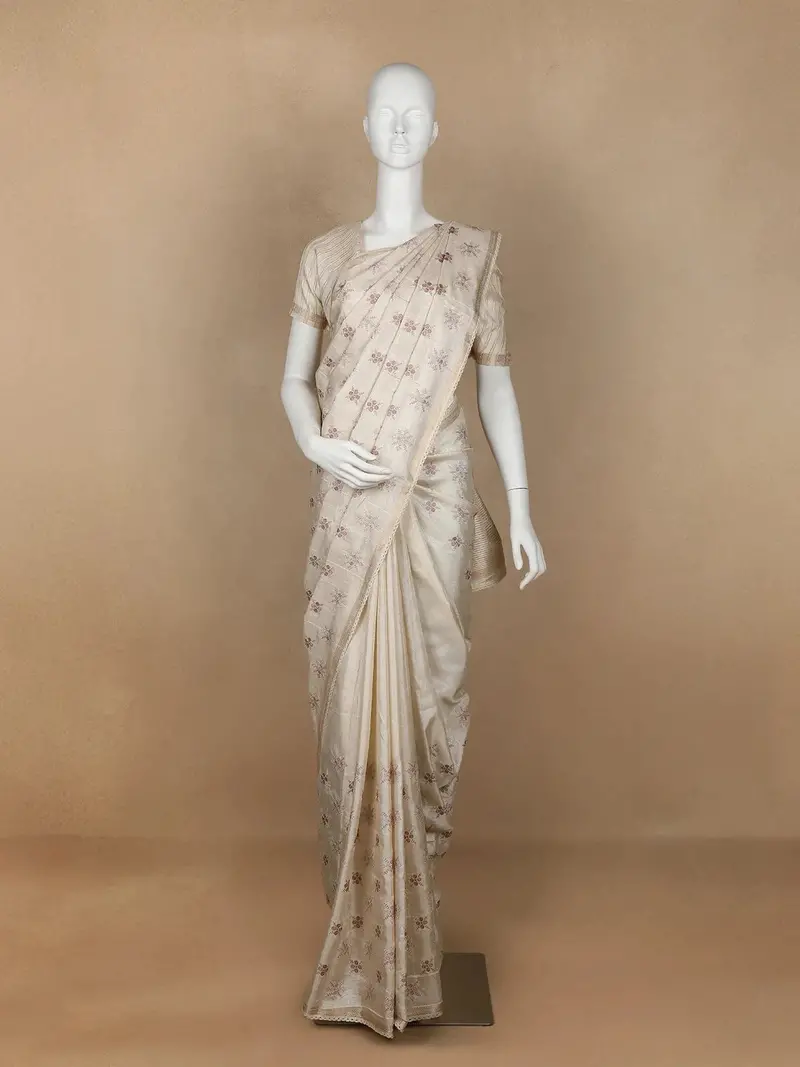 Ivory Floral Designed Semi Tussar Silk Saree 1