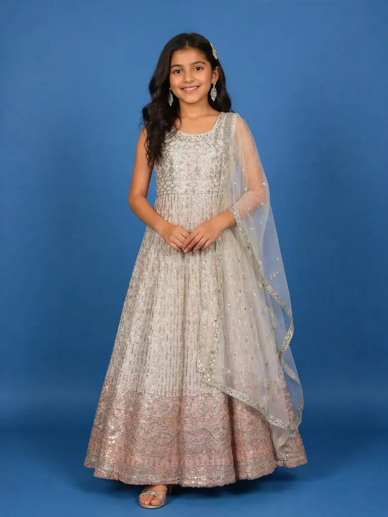 Ivory Floral Designed  Sequins Banarasi Gown 1