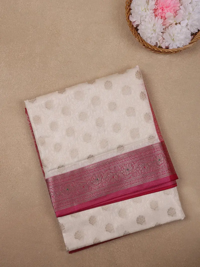 Ivory Floral Designed Woven Banarasi Silk Saree 1