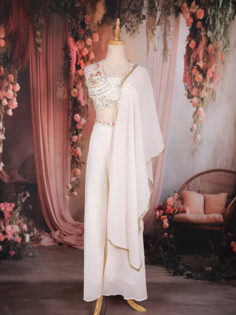 Ivory Floral Embellished Design Georgette Indo Western Palazzo Suit With Dupatta 1