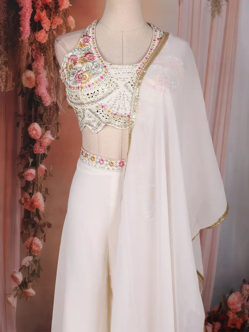 Ivory Floral Embellished Design Georgette Indo Western Palazzo Suit With Dupatta 2