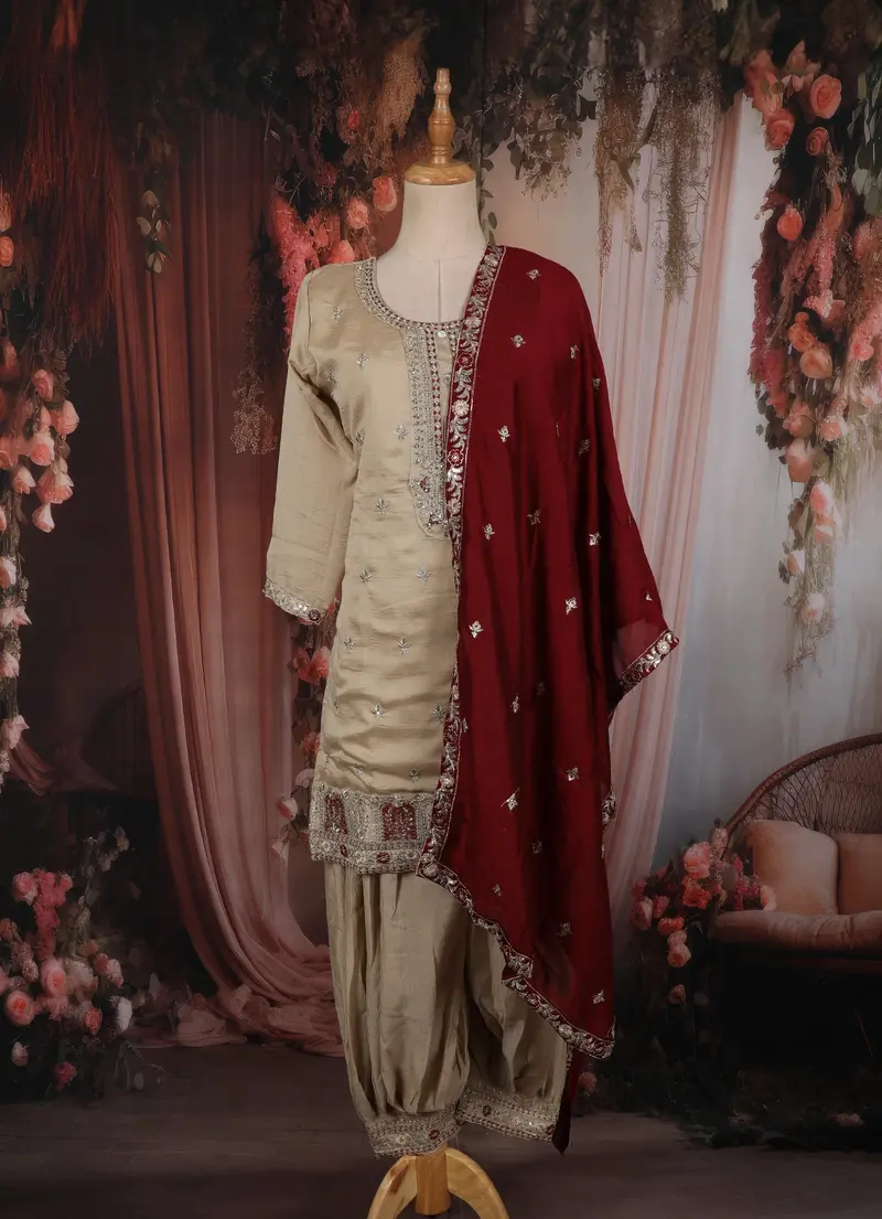 Ivory Floral Embroidered And Stone Embellished Design Georgette Salwar Suit With Contrast Dupatta 1