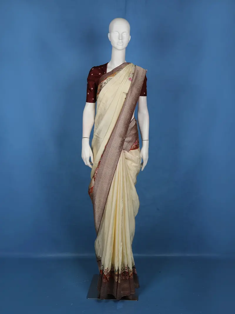 Ivory Floral Embroidered Banarasi Silk Saree 1