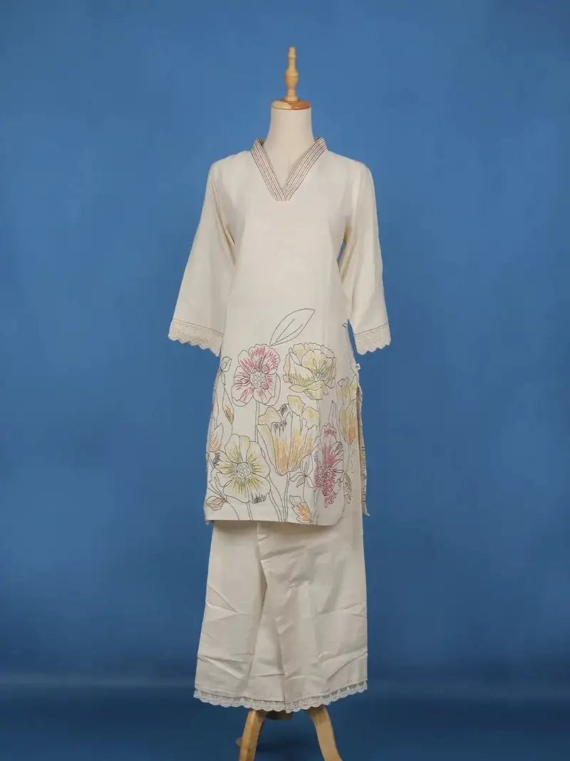 Ivory Floral Embroidered Cotton Salwar Suit 1