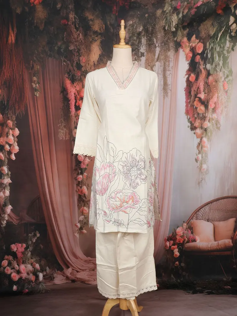 Ivory Floral Embroidered Cotton Salwar Suit 1