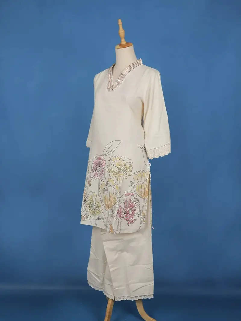 Ivory Floral Embroidered Cotton Salwar Suit 3