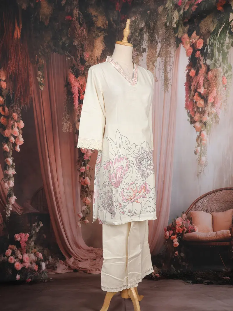 Ivory Floral Embroidered Cotton Salwar Suit 3
