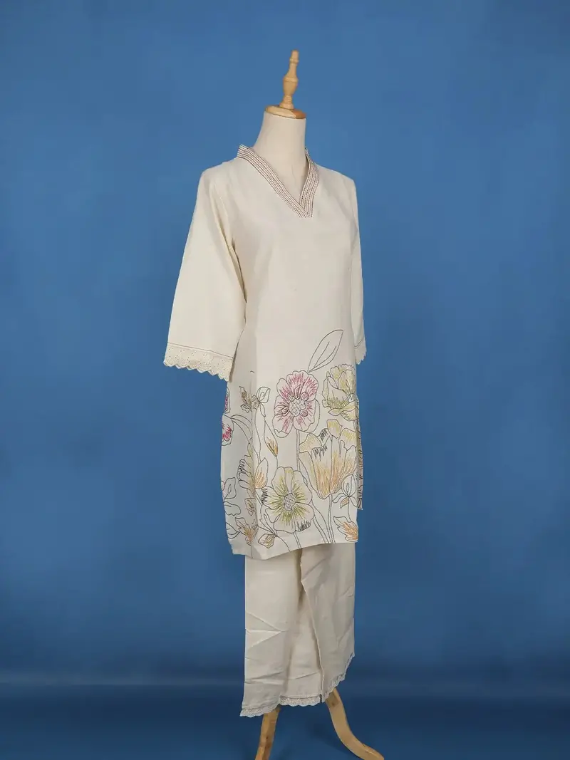 Ivory Floral Embroidered Cotton Salwar Suit 4