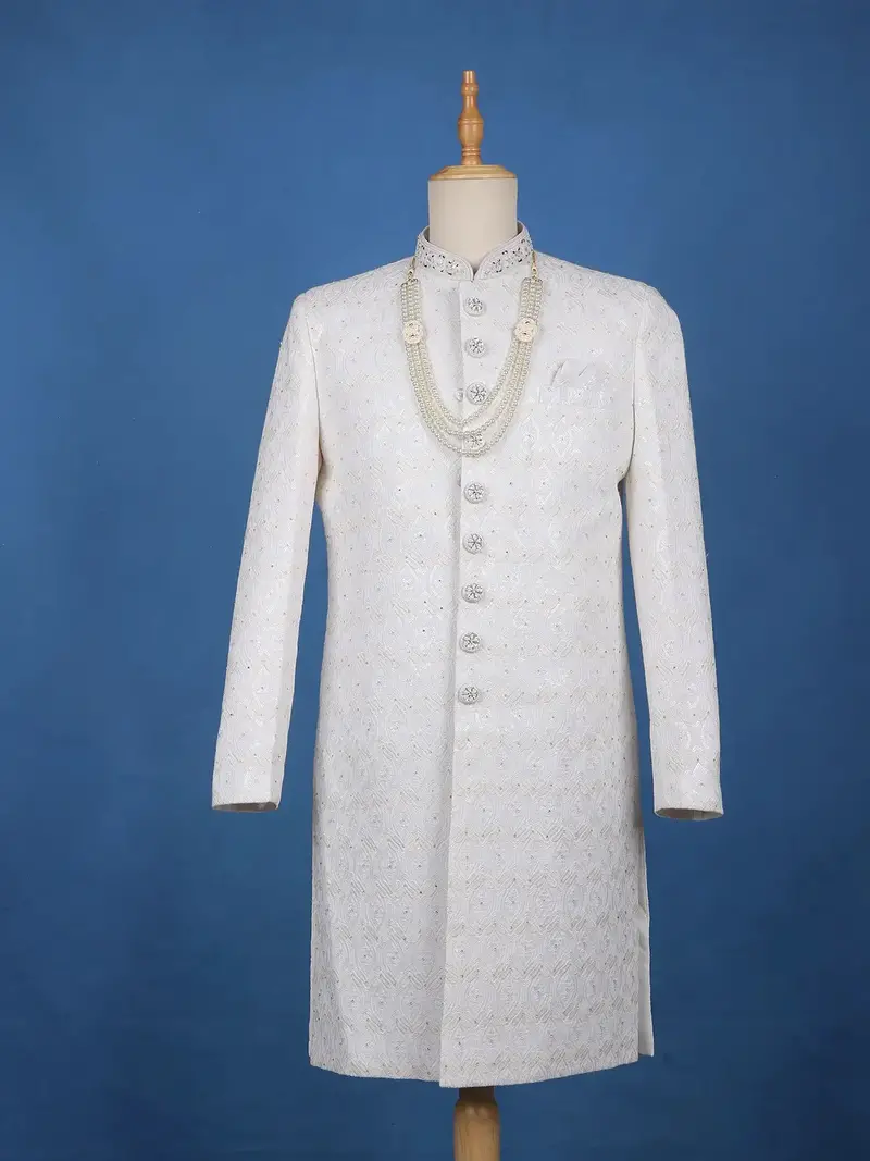 Ivory Floral Embroidered Cotton Sherwani Suit 1