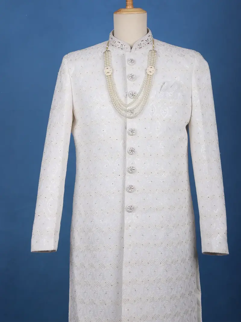 Ivory Floral Embroidered Cotton Sherwani Suit 2