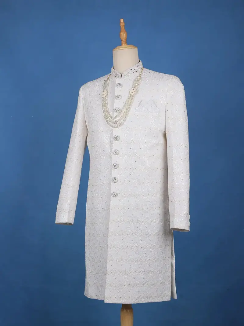 Ivory Floral Embroidered Cotton Sherwani Suit 3
