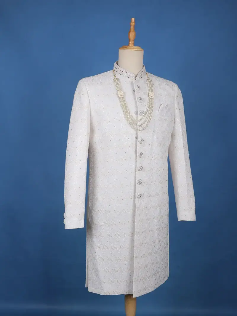 Ivory Floral Embroidered Cotton Sherwani Suit 4