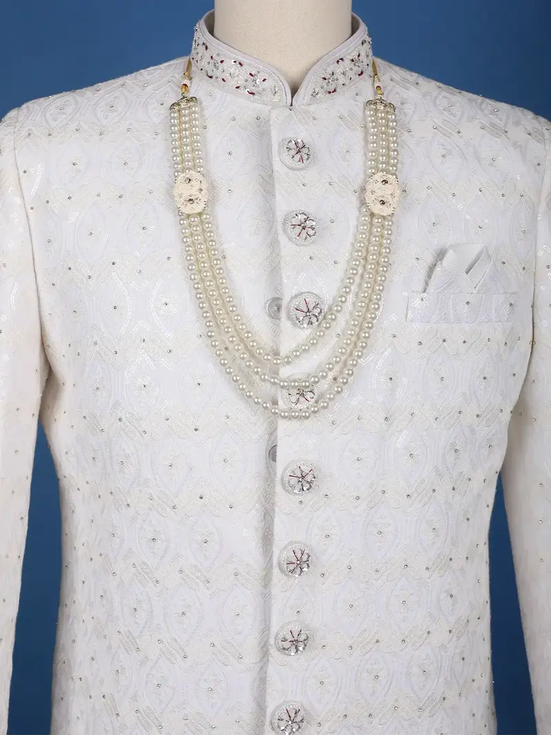 Ivory Floral Embroidered Cotton Sherwani Suit 5