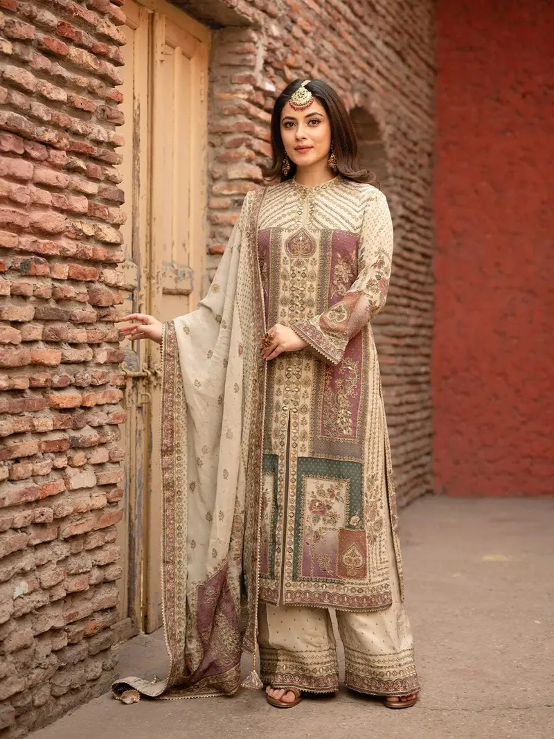 Ivory Floral Embroidered Crepe Palazzo Salwar Suit 1