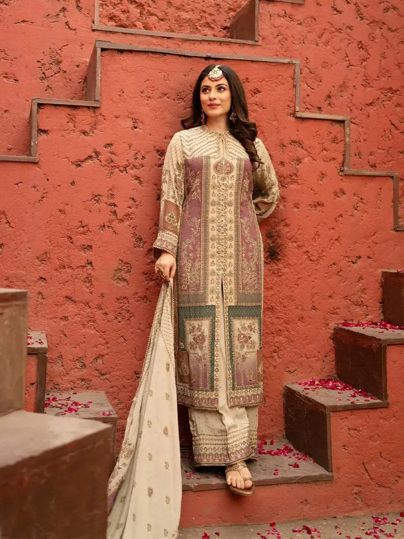 Ivory Floral Embroidered Crepe Palazzo Salwar Suit 5