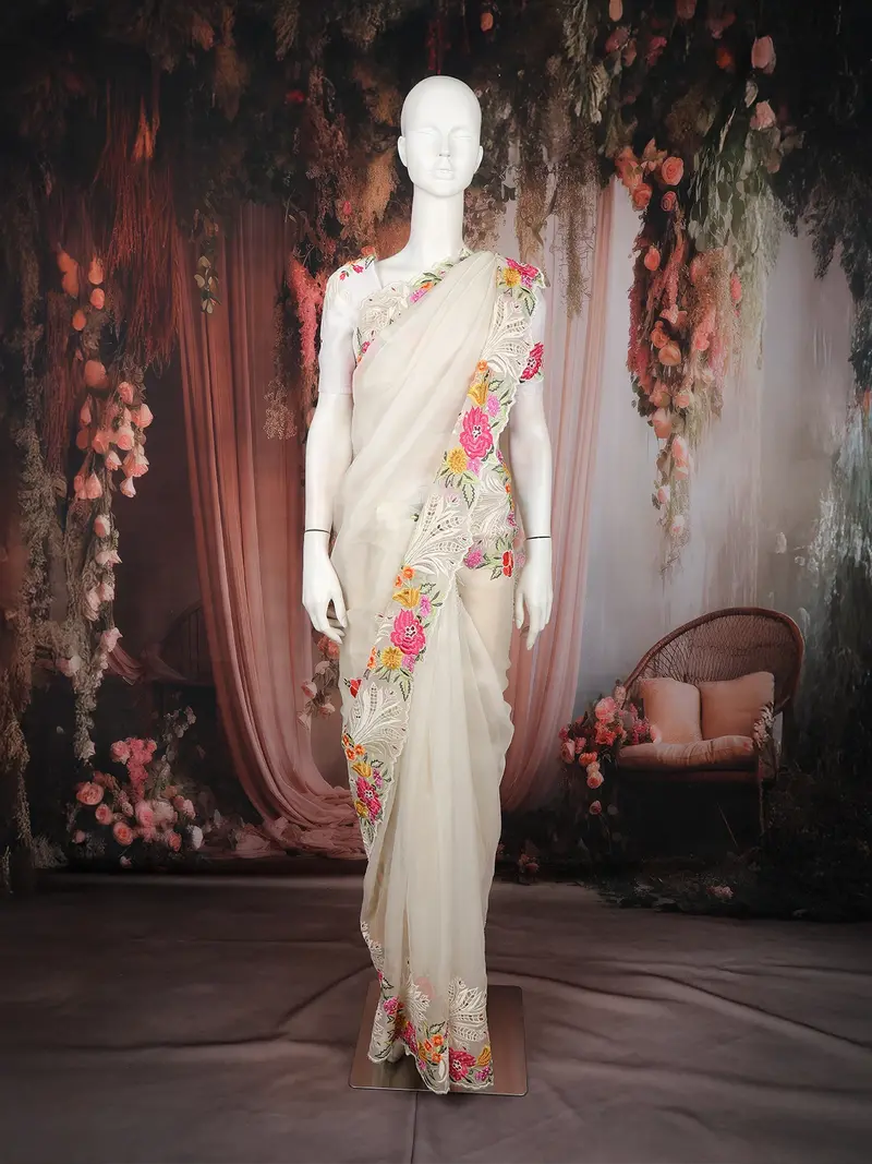 Ivory Floral Embroidered Design Organza Saree With Cutwork Border 1