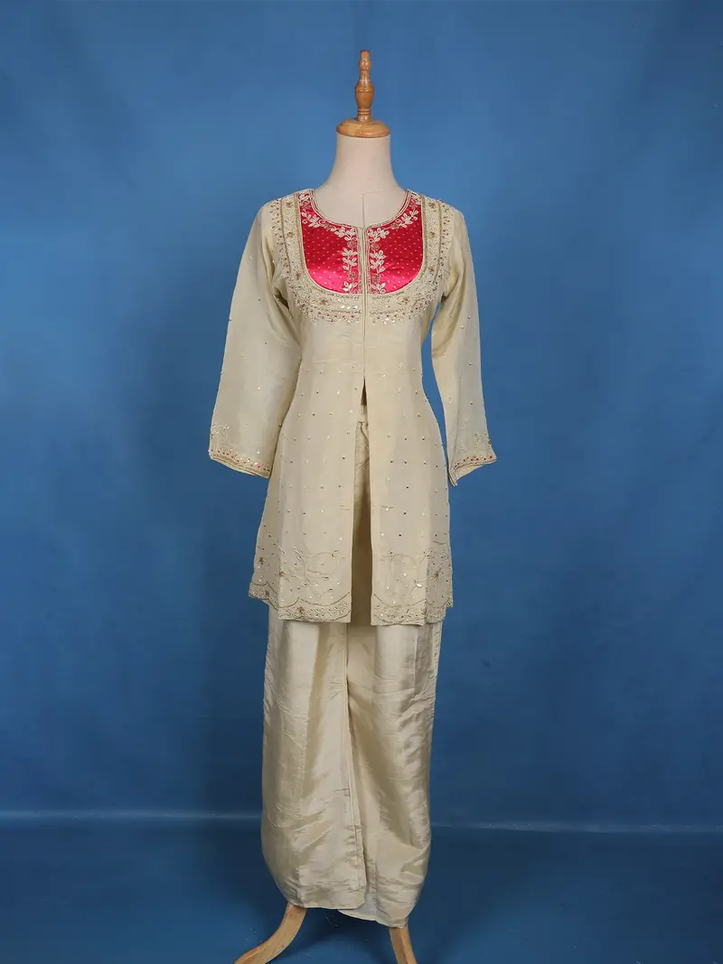 Ivory Floral Embroidered Design Tissue Silk Palazzo Suit 1