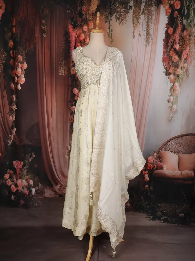 Ivory Floral Embroidered Design Tissue Silk Palazzo Suit With Dupatta 1