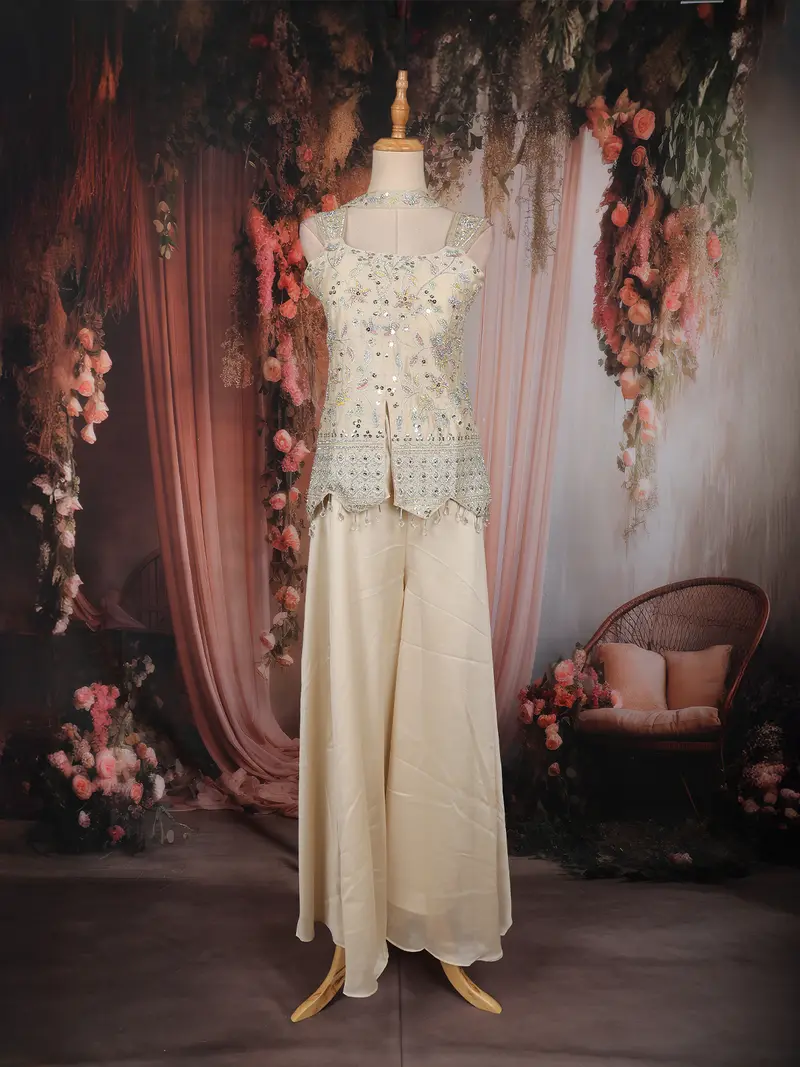 Ivory Floral Embroidered Georgette Palazzo Suit 1