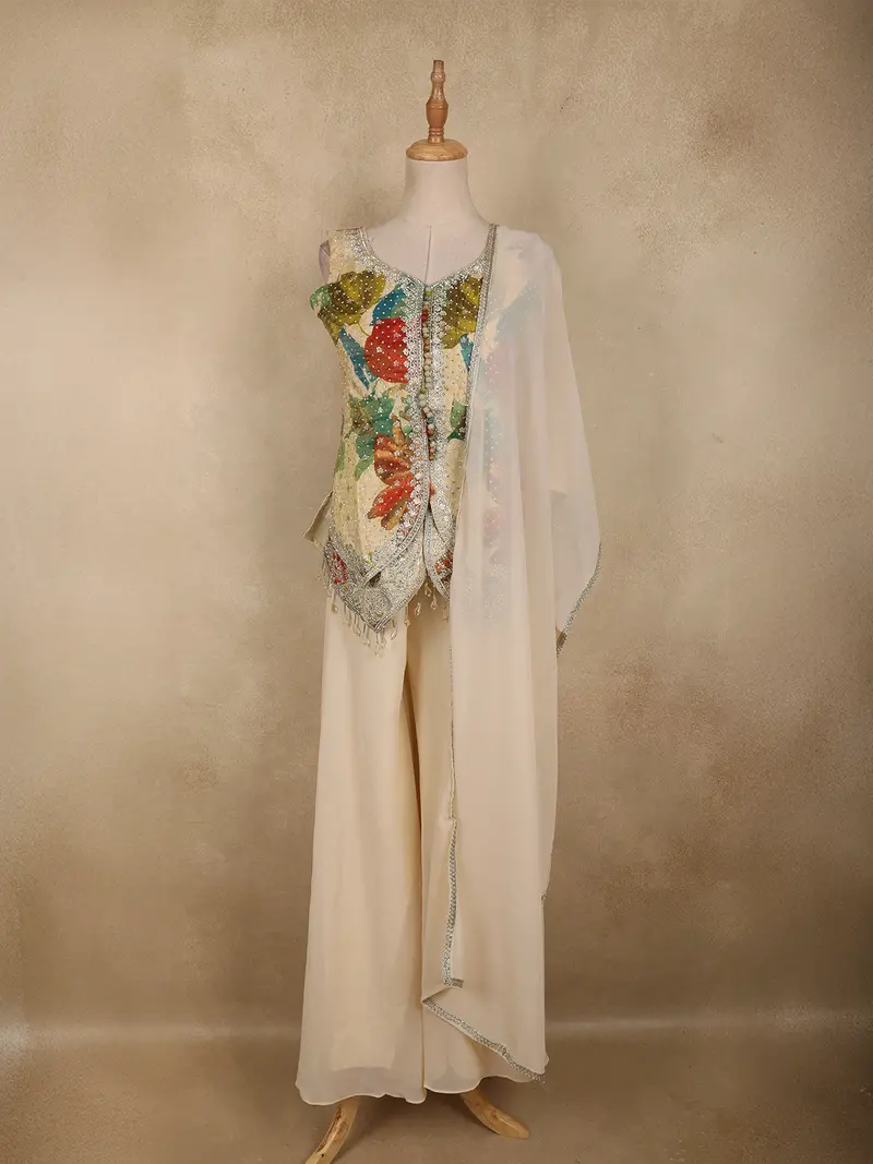 Ivory Floral Embroidered Georgette Palazzo Suit 1