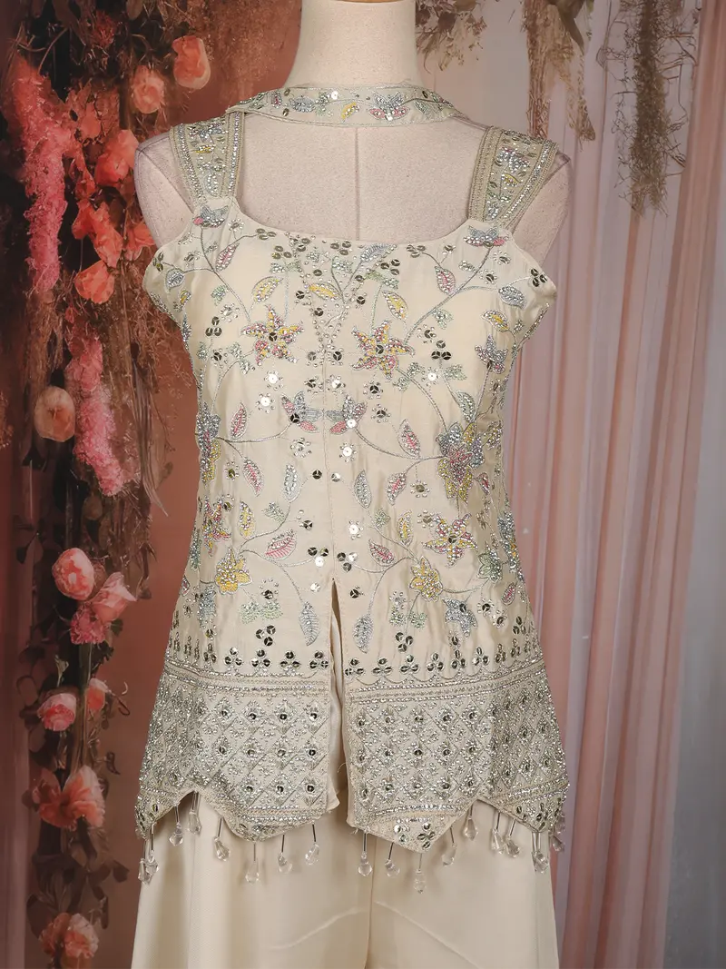 Ivory Floral Embroidered Georgette Palazzo Suit 2