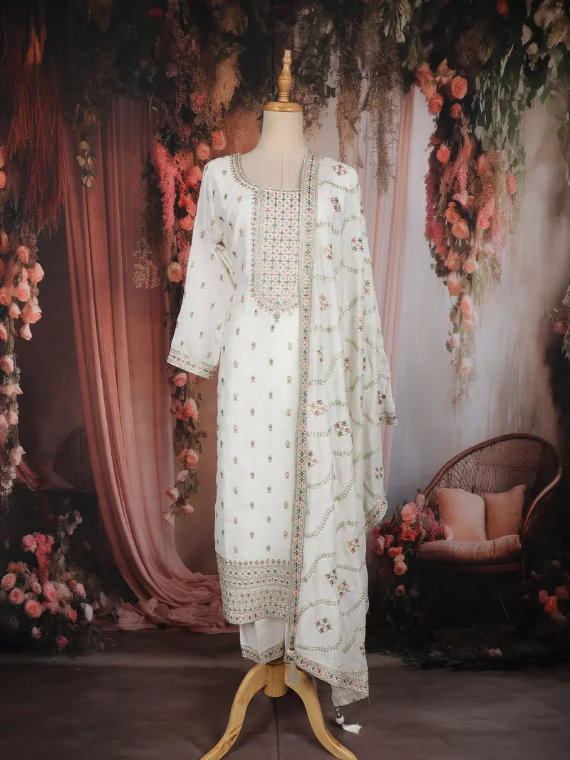 Ivory Floral Embroidered Georgette Straight Cut Salwar Suit With Dupatta 1