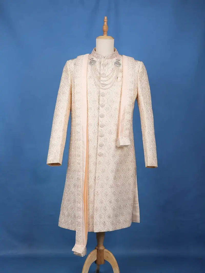 Ivory Floral Embroidered Jacquard Sherwani Suit With Dupatta & Brooch Detailing 1
