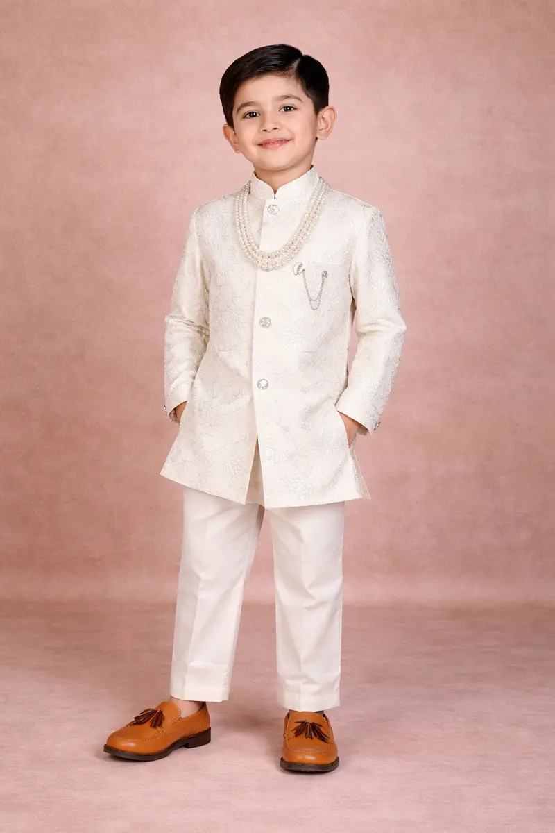 Ivory Floral Embroidered Kids Georgette Sherwani Set 1