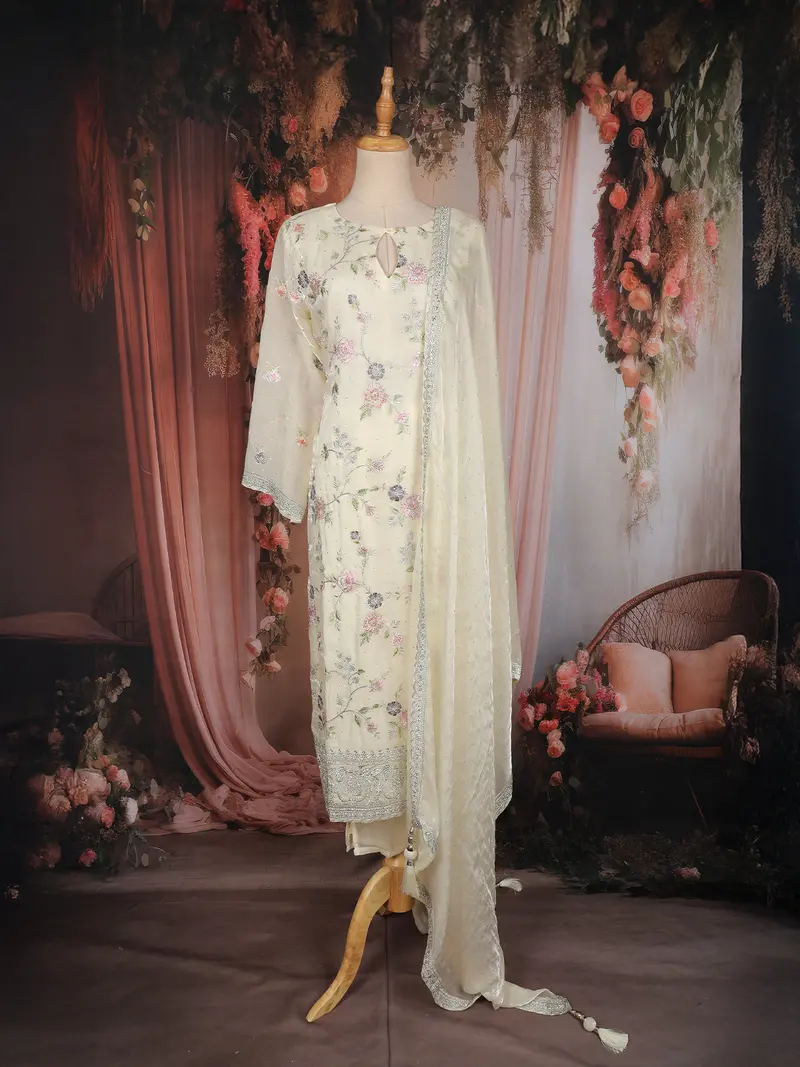 Ivory Floral Embroidered Organza Straight Cut Salwar Suit With Dupatta 1