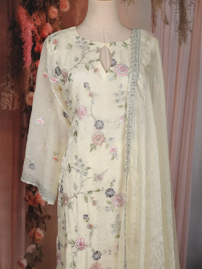 Ivory Floral Embroidered Organza Straight Cut Salwar Suit With Dupatta 2
