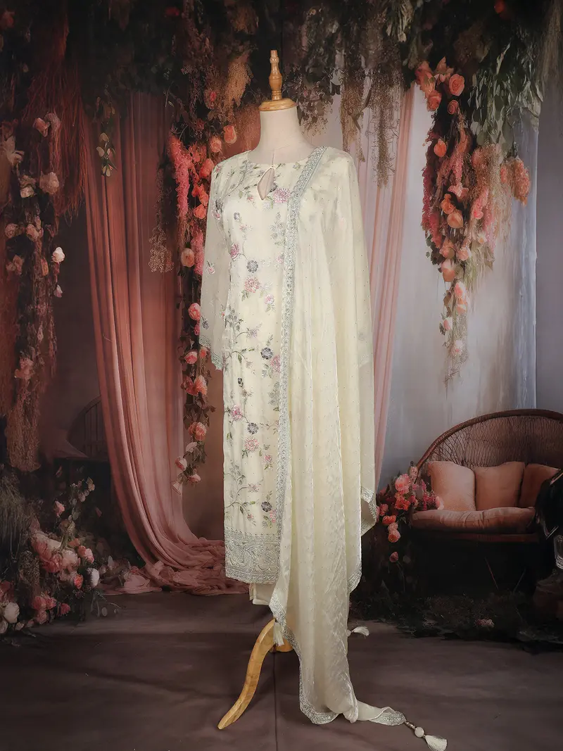 Ivory Floral Embroidered Organza Straight Cut Salwar Suit With Dupatta 3