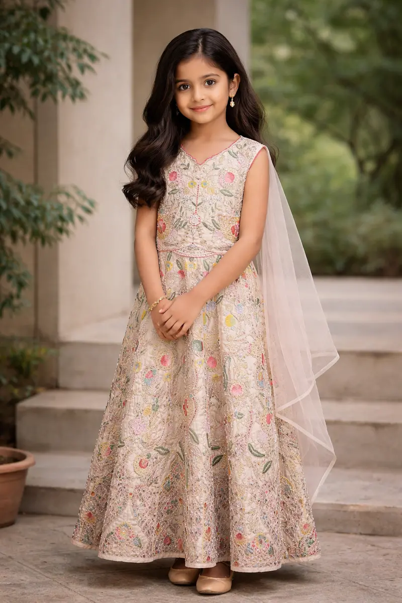 Ivory Floral Embroidered Silk Kids Lehenga With Dupatta 1