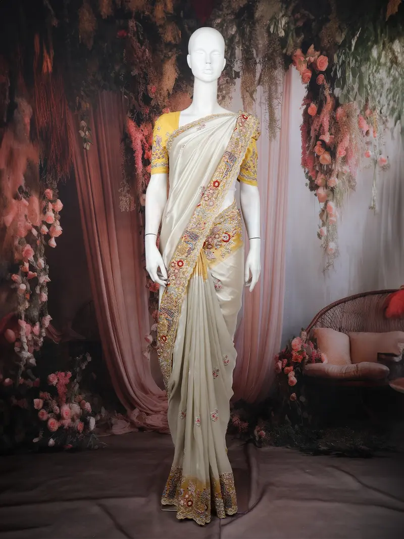 Ivory Floral Embroidered Tissue Organza Saree With Designer Border 1